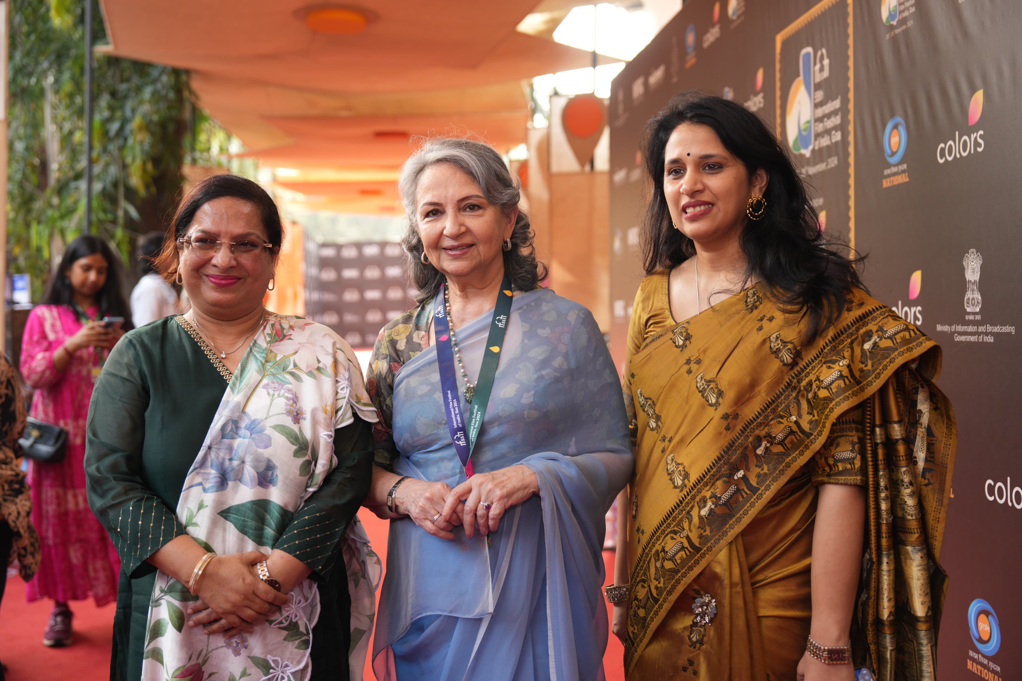 Ms Vrunda Manohar Desai, Joint Secretary (Films), Ministry of I&B, Delilah Lobo, Vice Chairman ESG with Indian Actress Sharmila Tagore at the red carpet for her film, _Seemabaddha_